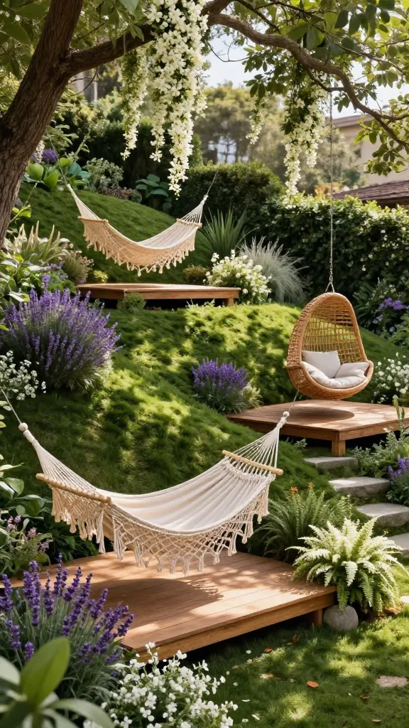 A high-resolution, wide-angle photograph capturing a beautifully landscaped sloped backyard transformed into a luxurious 'Hammock Haven'. Several distinct, individual wooden platforms, crafted from warm-toned natural wood, are seamlessly integrated into the gentle incline of the verdant slope, each positioned at a different, inviting elevation. On these elevated platforms, plush, cream-colored macrame hammocks and one elegant, woven rattan swinging chair are suspended, draped with soft throws and cushions, promising ultimate comfort. Lush, fragrant plantings such as cascading jasmine, vibrant lavender bushes, and delicate ferns encircle each platform, creating intimate, private zones and a sensory paradise. Sunlight filters softly through the canopy of mature trees overhead, creating a serene play of light and shadow across the scene. The atmosphere is one of tranquil seclusion and sophisticated relaxation, designed for dedicated loungers and bookworms. No text.