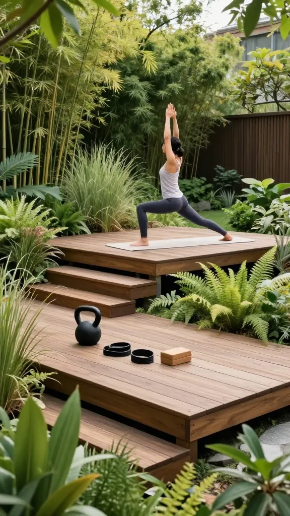A high-resolution, professional photograph capturing a serene outdoor fitness zone meticulously integrated into a beautifully landscaped sloped backyard. The main subject is a multi-tiered, sturdy wooden deck, featuring two distinct flat platforms built seamlessly into the natural incline of the slope. On the upper platform, a person in athletic wear is gracefully performing a yoga warrior pose on a light-colored mat, facing the lush greenery. The lower platform displays a minimalist arrangement of light gym equipment: a matte black kettlebell, a neatly rolled resistance band, and a natural wood yoga block. The entire deck is artfully bordered and interspersed with an abundance of calming, verdant plants—such as tall bamboos, delicate ferns, and ornamental grasses—creating a private, tranquil, and refreshing natural enclosure. Soft, natural daylight illuminates the scene, highlighting the textures of the wood and foliage. No text on image.