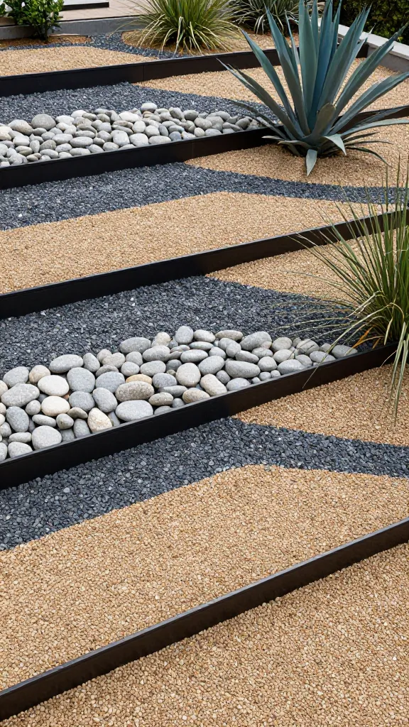 A high-angle, realistic, high-quality photograph of a meticulously designed sloped backyard, embodying a minimalist and modern aesthetic. Sleek, dark steel edging creates clean, defined horizontal lines that segment the slope, following its natural contour. Between these steel borders, sections are filled with a sophisticated mix of various colors and textures of gravel and river rock, forming subtle patterns—featuring smooth light grey river rocks, contrasting with darker, coarser charcoal gravel, and warm, buff-colored pea gravel. Strategically placed within these gravel beds are a few architectural plants like a striking blue agave and elegant ornamental grasses, providing visual interest without clutter. The scene emphasizes texture, pattern, and simplicity, showcasing a chic, tidy, and low-maintenance outdoor space under bright, natural daylight. No text on image.
