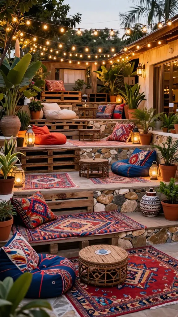 A high-quality, realistic photo capturing a vibrant bohemian chic lounge terrace built into a gently sloped backyard. Multiple inviting tiers are defined by low, weathered wooden pallet walls and natural stone accents. The terraces are adorned with an abundance of colorful, patterned outdoor rugs, plush floor cushions, and oversized bean bags, creating diverse seating areas. Hundreds of warm string lights are draped artistically overhead and around the space, complemented by a collection of eclectic lanterns casting a soft, inviting glow. Numerous potted plants in varied, bohemian-style containers (terracotta, woven, patterned ceramic) are strategically placed, adding lushness. The scene is bathed in the warm, golden light of late evening, emphasizing a comfortable, laid-back, and artistic atmosphere. No text on image.