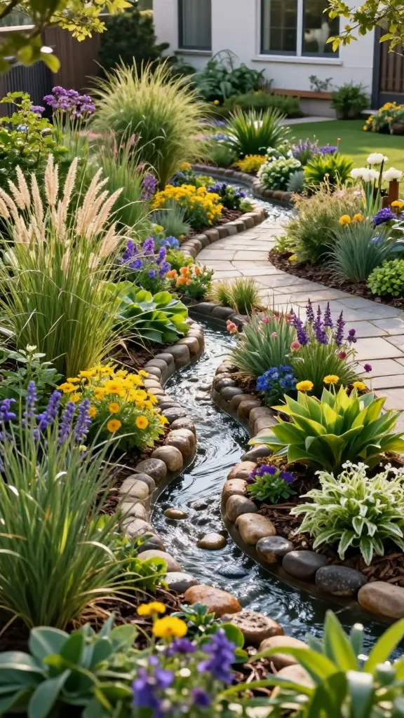 A vibrant, eye-level, high-quality photograph showcasing a beautifully designed rain garden on a gentle sloped backyard. The rain garden features artfully sculpted swales and terraced planting areas, strategically shaped to capture and filter stormwater. These areas are lush with a diverse array of native, water-loving plants, including ornamental grasses, flowering perennials in shades of purple, yellow, and blue, and broad-leafed plants, all appearing healthy and thriving and capable of handling both wet and dry conditions. Natural river stones and organic mulch line the swales. A subtle, winding flagstone path meanders through the garden. In the background, a contemporary home with large windows overlooks the eco-friendly landscape. The scene is bathed in warm, natural sunlight, highlighting the rich textures and natural beauty of the functional slope design.