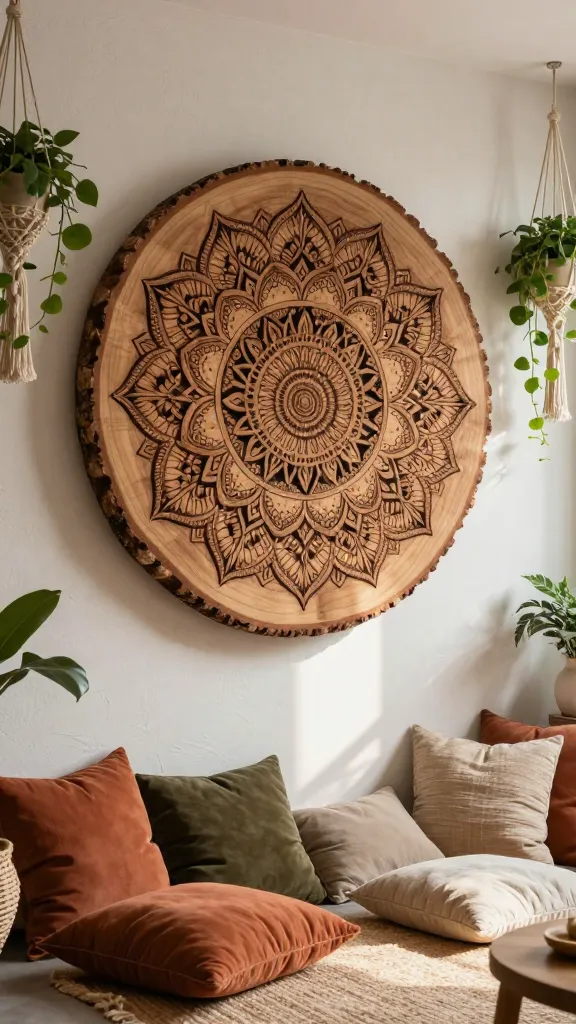 A close-up, high-angle shot focusing on a large, circular wood slice wall art piece, prominently displayed on a textured, light-colored wall. The wood slice features an exquisitely intricate, hand-burned mandala design covering its entire surface, showcasing fine lines and delicate patterns that highlight the natural grain of the wood. Below the wood art, a cozy, inviting boho living room unfolds with a collection of plush floor cushions in warm terracotta, deep olive, and natural linen artfully scattered on a woven jute rug. Delicate macrame plant hangers with lush green foliage dangle gently to the sides of the wood art, framing it. Soft, diffused natural light streams in from a nearby window, casting gentle shadows and enhancing the layered textures of the textiles and natural elements. The scene conveys a serene, free-spirited, and effortlessly cool sanctuary perfect for unwinding. High-resolution, realistic photography.
