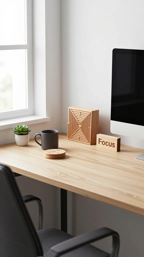 A high-quality, realistic photograph of a modern minimalist office nook, bathed in soft, natural light from a window. The focal point is a sleek, light wood desk against a clean white wall, showcasing a custom desk organizer crafted from light wood, prominently featuring intricate geometric patterns meticulously created with wood burning. Beside it, a stack of two round light wood coasters, each with a subtle, personalized initial or abstract design delicately wood-burned, rests next to a minimalist charcoal ceramic mug. A small, elegant light wood block sign with the word "Focus" clearly and stylishly wood-burned onto its surface is positioned near a thin-bezel monitor. The overall color palette is dominated by charcoal, crisp white, and light natural wood tones, creating a zen, uncluttered, and highly productive atmosphere. A comfortable, ergonomic office chair in charcoal is partially visible, and a small, green succulent in a white ceramic pot adds a touch of life.