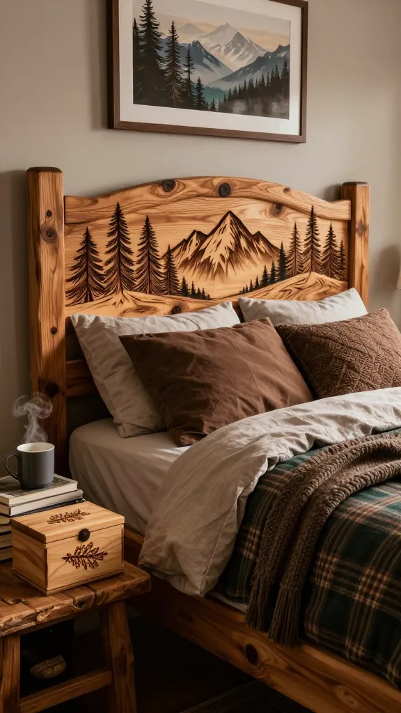 A high-quality, realistic photograph capturing a cozy cabin bedroom retreat. The central focus is a rustic wooden bed featuring a prominent, custom headboard meticulously adorned with intricate, clearly visible DIY wood-burned designs depicting stylized pine tree and mountain silhouettes, showcasing the natural grain of the wood. The bed is layered with soft, warm brown and deep green plaid textiles, a chunky knit throw, and inviting linen sheets. On a reclaimed wood bedside table, a small, personalized wooden trinket box with a delicate, handcrafted wood-burned nature motif (e.g., a subtle pinecone or leaf pattern) sits beside a stack of books and a steaming mug. Above the bed, a framed piece of serene nature art complements the rustic theme. The room is bathed in soft, warm ambient lighting, emphasizing rich textures and creating a truly restful, secluded mountain getaway feel. No text.