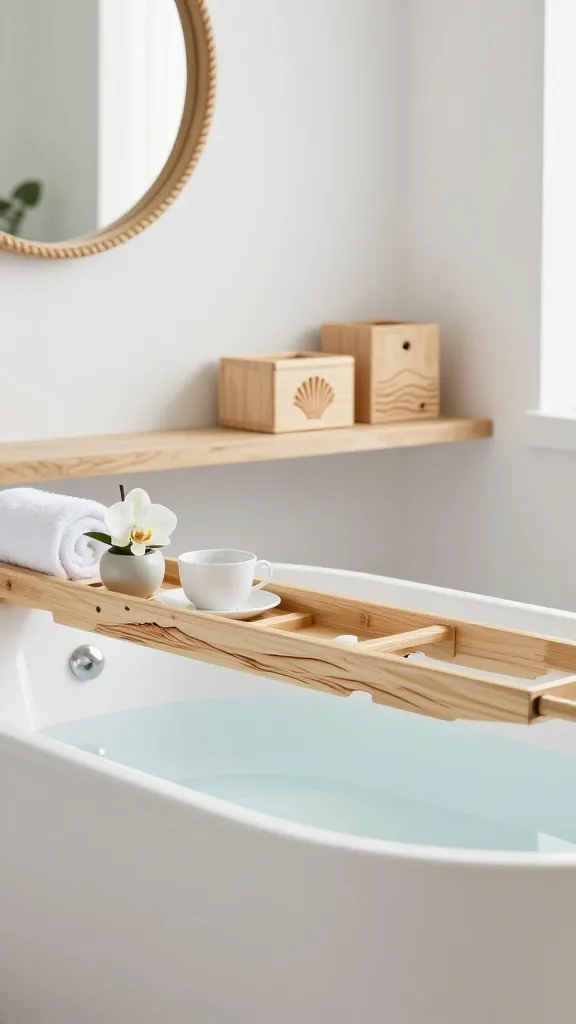 Photorealistic, high-resolution, eye-level shot of a serene coastal bathroom. A light-colored wooden bath caddy spans a clean, modern freestanding white bathtub, partially filled with inviting water. The bath caddy prominently features a delicately wood-burned minimalist serene landscape design, depicting a gentle horizon line with subtle waves. On the caddy, a small white teacup, a delicate white orchid in a tiny ceramic pot, and a rolled-up white spa towel are elegantly arranged. In the background, on a light wood floating shelf, two small, light wood storage boxes are visible, one adorned with a precisely wood-burned seashell motif and the other with a subtle wave pattern. A round mirror with a natural wood frame accented by a subtle wood-burned rope design hangs on the crisp white wall. The room is bathed in soft, diffused natural light, creating a calm, spa-like atmosphere. The color palette emphasizes crisp whites, sandy beiges, soft blues, and natural wood tones. Ultra-detailed, professional photography, no text.