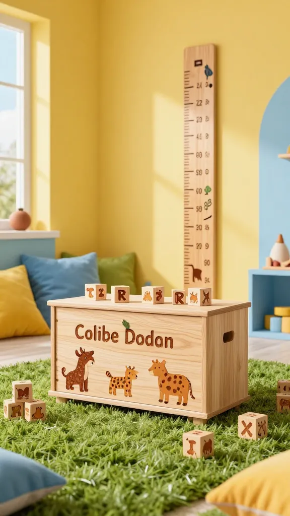 A vibrant and sun-drenched whimsical kids' playroom, bathed in soft natural light. The room features sunny yellow walls, a plush grass green rug, and sky blue accents throughout. Central to the scene is a sturdy, light-toned wooden toy chest, prominently personalized with a beautifully intricate wood-burned child's name and playful, stylized animal designs on its front. Scattered playfully around the chest are numerous handcrafted wooden alphabet blocks, each uniquely adorned with a detailed wood-burned animal and its corresponding letter. On an adjacent wall, a tall, rustic wooden growth chart ruler stands proudly, featuring charming wood-burned measurement marks and whimsical nature-inspired motifs. The space is filled with colorful cushions, other wooden toys, and a sense of joyful creativity. High-quality, realistic photography with sharp focus and a bright, inviting atmosphere.