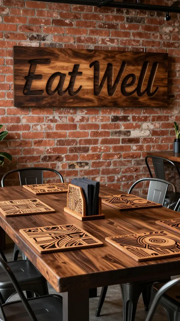 A high-resolution, professional interior photograph of an industrial loft dining zone. A sturdy, dark-stained wooden dining table is centrally placed, adorned with multiple wooden placemats, each showcasing intricate, abstract geometric designs meticulously created with wood burning techniques. A custom wooden napkin holder, also featuring complementary wood-burned patterns, holds dark linen napkins. In the background, an exposed red brick wall provides a raw, urban texture. Leaning against the brick wall or mounted above the table, a prominent dark-stained wooden sign boldly displays "Eat Well" in a stylized, hand-burned font. Sleek, dark metal industrial-style chairs surround the table. The scene is bathed in warm, inviting light, highlighting the sophisticated blend of raw materials and refined details, creating an edgy yet inviting atmosphere. No text on images.