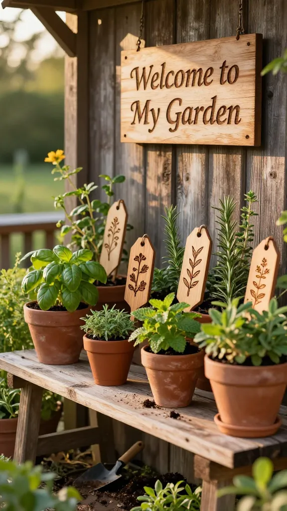 A close-up, inviting, high-detail photograph of an 'Enchanted Garden Shed Nook' during golden hour. The central focus is a rustic natural wood potting bench adorned with several prominently displayed, intricately *wood-burned herb garden markers* (e.g., basil, rosemary, thyme, mint, clearly showing delicate pyrography designs) and a few *wood-burned decorative plant tags* with nature motifs. A charming *wood-burned 'Welcome to My Garden' sign* with elegant pyrography hangs on the weathered wooden shed wall behind the bench. Lush, vibrant greenery from various herbs and small plants spills out of diverse *terracotta pots* of different sizes, surrounding and intermingling with the wood-burned items. A scattering of potting soil and a small trowel are visible on the bench, suggesting recent activity. Warm, soft golden hour sunlight streams into the nook, creating a magical glow and highlighting the textures of the wood, the lush plants, and the terracotta. A natural wood bench is subtly visible in the background, partially obscured by more greenery. Realistic, high-quality photography, shallow depth of field, no text on image.