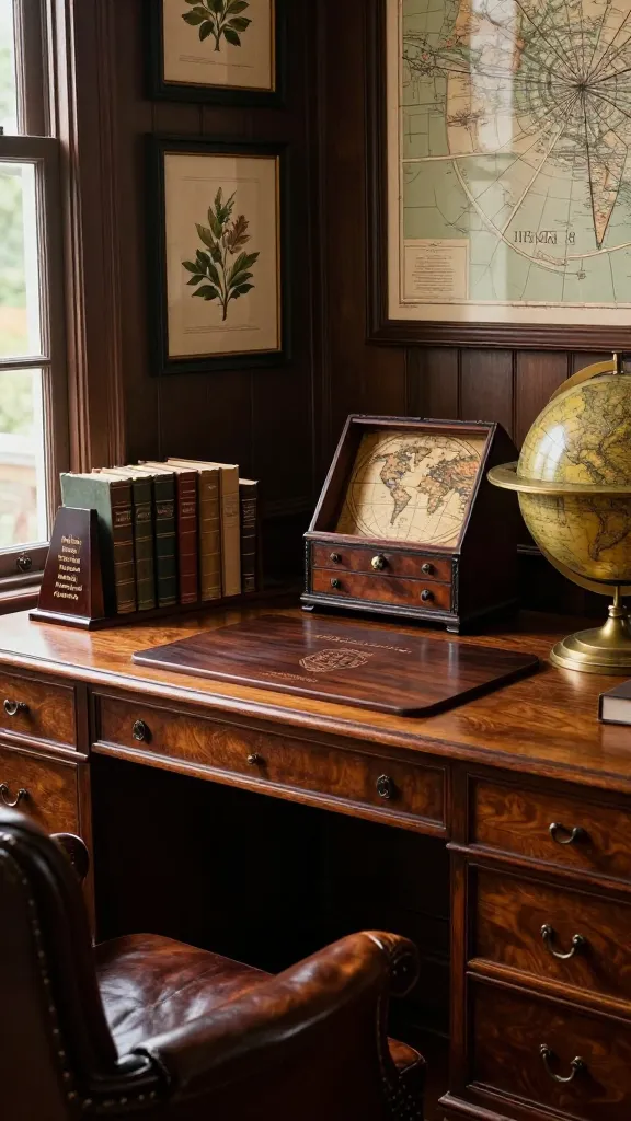A high-quality, realistic photo capturing a vintage eclectic study, bathed in soft, warm light. The central focus is a magnificent, rich, dark wood desk, impeccably styled with an array of curated curiosities. Prominently displayed are a pair of sturdy dark wooden bookends, exquisitely wood-burned with elegant literary quotes, supporting a collection of classic leather-bound books. Beside them, a small, intricate wooden chest showcases a finely detailed, wood-burned antique world map design. Centered on the desk is a luxurious dark wooden desk pad, personalized with a subtle, wood-burned academic crest. A plush, deep brown leather armchair is positioned invitingly in the foreground, near a large, antique brass globe. The room's walls are adorned with dark wood paneling and framed vintage maps and botanical illustrations. The air is thick with intellectual charm and timeless elegance, creating a cozy haven for an old-soul academic. Natural light filters through a window, illuminating the rich textures and creating a warm, inviting ambiance. No text.