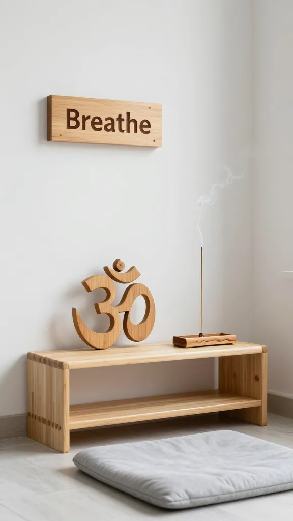 A high-quality, realistic photo of a serene and minimalist Zen meditation corner. The focal point is a small, light-toned bamboo altar shelf, prominently featuring a beautifully intricate, hand-crafted wood-burned Om symbol. Beside it, a custom wooden incense holder with subtle wood-burned patterns holds a gently smoking stick of incense. Above the shelf, a small, elegant wooden plaque with the word "Breathe" distinctly wood-burned onto its surface is mounted on a soft white wall. The floor is adorned with a plush light gray meditation cushion. The space is bathed in soft, diffused natural light, emphasizing the soft whites, light grays, and natural bamboo/light wood tones. The overall atmosphere is tranquil and promotes inner peace. No text on the image.