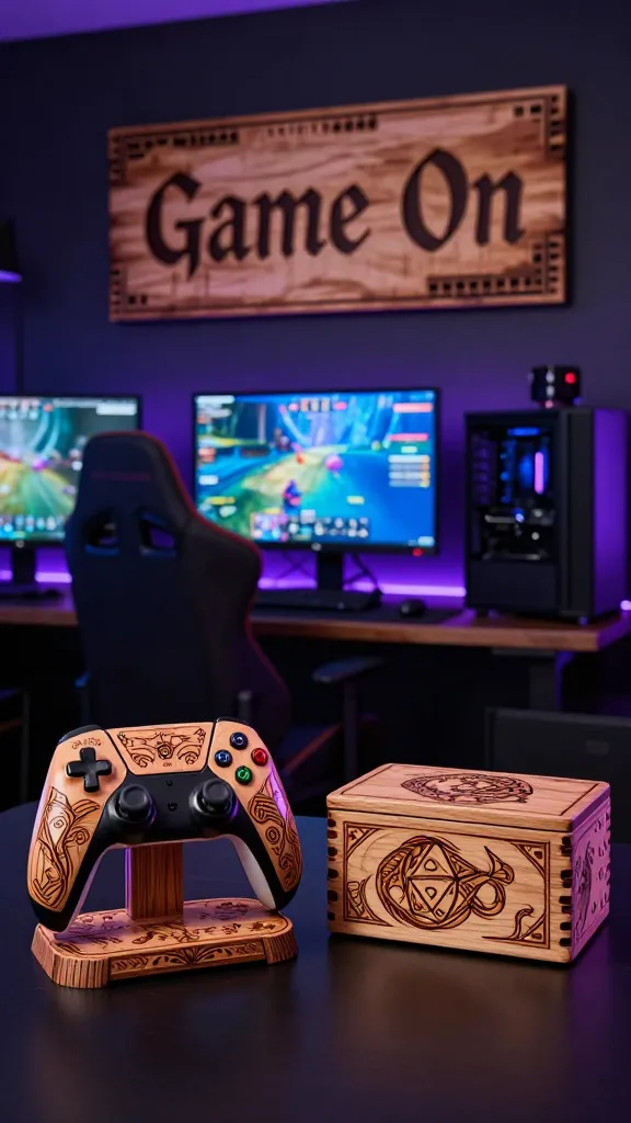 A high-resolution, ultra-realistic photo capturing a meticulously organized, dark and moody gamer's den command center. In the foreground, a custom wooden controller stand prominently displays intricate, game-themed pyrography (wood-burned) graphics, holding two modern gaming controllers. Beside it, an elegant wooden dice box, also showcasing detailed wood-burned personalized designs like a dragon or d20 symbol. On the deep charcoal wall in the background, a rustic wooden "Game On" wall plaque with bold, hand-burned lettering and a subtle game-related border is clearly visible. The space is illuminated by atmospheric deep blue and purple LED strip lighting emanating from behind multiple glowing monitors displaying vibrant game interfaces and a high-end gaming PC. An ergonomic gaming chair is partially visible. The scene has a cinematic depth of field, with sharp focus on the wood-burned items, emphasizing their texture and craftsmanship. No visible text on screens or other elements, except for the wood-burned "Game On" plaque.