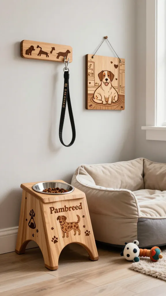 A high-quality, realistic photograph captures a beautifully designed and inviting "Pampered Pet Corner" within a stylish home. The centerpiece is a custom-crafted wooden pet food bowl stand, showcasing exquisite pyrography (wood-burning) designs that feature a stylized dog's name and intricate paw print motifs. Adjacent to it, a plush, comfortable dog bed with a durable, easy-to-clean fabric cover in a warm, neutral tone, such as cream or soft grey, invites relaxation. Mounted on the wall above the feeding station, a personalized wooden leash holder is adorned with detailed wood-burned patterns of dog silhouettes and bones, complete with sturdy metal hooks holding a stylish dog leash. Nearby, a rustic wooden sign displays a detailed wood-burned illustration of a happy, contented dog curled up in a cozy home environment, surrounded by heart motifs and paw prints, visually representing a loving bond. The corner is situated on an easy-to-clean surface like light-colored hardwood or tile, bathed in soft, natural light from a nearby window, creating a warm, organized, and luxurious space for a beloved canine companion. A few high-quality, non-chew dog toys are neatly arranged beside the bed, reflecting a devoted pet parent's attention to comfort and style. The image is sharply focused with a shallow depth of field, emphasizing the intricate wood-burned details and the plush textures.