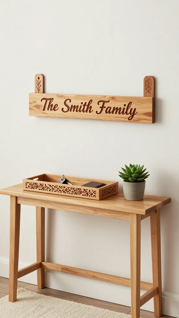 A high-quality, realistic photo of a welcoming and organized entryway. A slim, light-toned wooden console table stands against a clean, off-white wall. Centered above the console is a custom wooden key holder, featuring a prominently wood-burned family name like 'The Smith Family' in an elegant script. Flanking the key holder are two decorative wooden wall hooks, each showcasing a unique, simple wood-burned design, such as a stylized leaf or a subtle geometric pattern. On the console table sits a small, rectangular wooden catch-all tray with an intricate, delicate wood-burned pattern along its rim, holding a few house keys and a minimalist wallet. Beside the tray, a small, vibrant green potted succulent adds a touch of freshness. A cozy, textured cream-colored rug is partially visible on the floor beneath the table, enhancing the inviting atmosphere. Soft, natural light illuminates the scene, highlighting the detailed wood grain and the intricate pyrography on the handcrafted wooden pieces. The overall impression is one of practical charm and personalized warmth, perfect for a busy family home. Eye-level shot, no text.