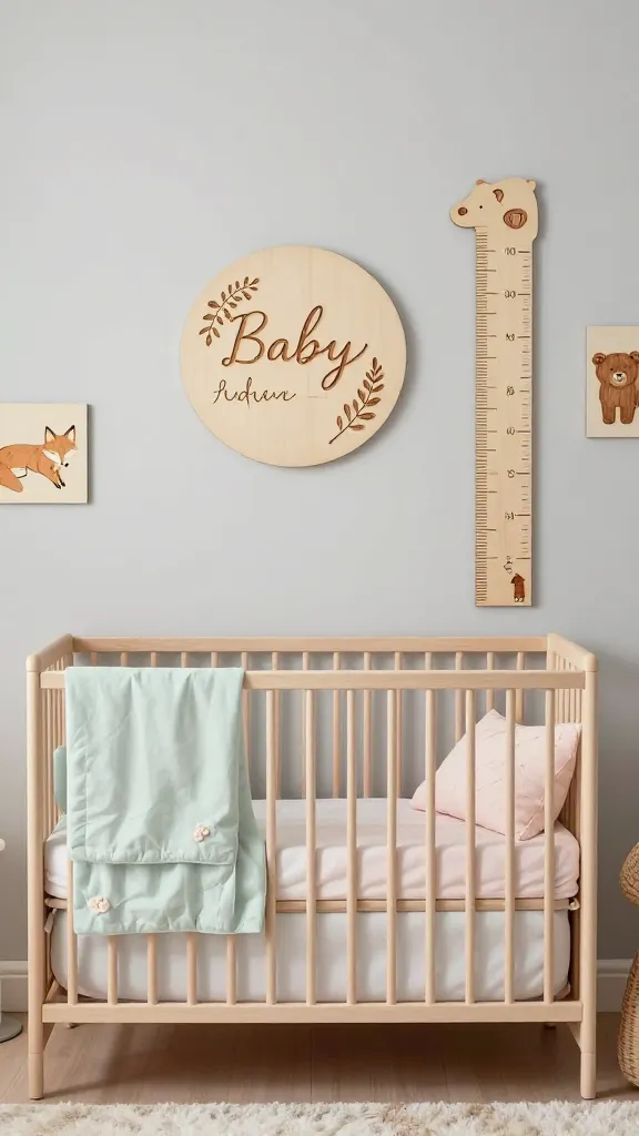 A serene, high-quality photograph of a beautifully decorated baby nursery, bathed in soft, diffused natural light. The room features a natural wood crib with soft pastel bedding in gentle mint green and blush pink. Above the crib, a prominent, handcrafted **wood-burned baby name plaque** displays delicate script and subtle etched botanical accents. On an adjacent wall, a charming **wood-burned growth chart ruler** with clearly etched milestones and whimsical wood-burned animal illustrations (like a sleeping fox and a gentle bear) is beautifully displayed. Complementing the decor are several pieces of **delicate wood-burned animal-themed wall art** integrated into the wall arrangement. The walls are painted in a soft, pale gray, and the floor is covered with a plush, light-colored rug. The overall aesthetic is peaceful, tender, and personalized, emphasizing handcrafted wood-burned elements. No text on images.