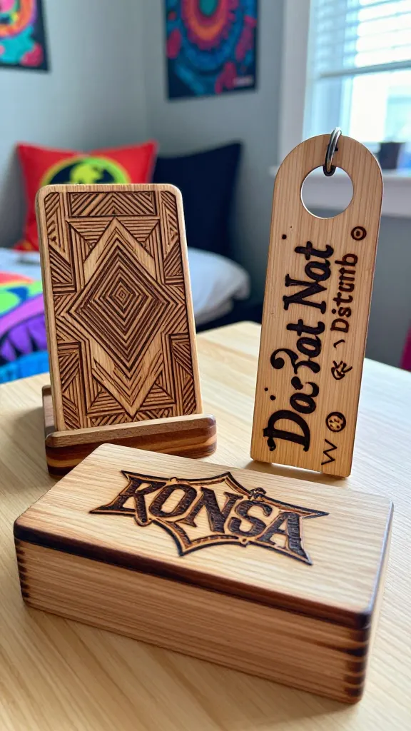 A realistic, high-quality, eye-level medium close-up photo showcasing three custom wood-burned projects arranged on a light wooden desk in a vibrant, personalized teen bedroom. In the foreground, a rectangular wooden trinket box prominently displays a meticulously wood-burned stylized band logo on its lid. Next to it, a sleek wooden phone stand features a unique geometric pattern precisely etched with pyrography. Slightly to the side, a "Do Not Disturb" door hanger clearly shows the phrase and playful doodles, all intricately wood-burned onto its surface. The wood-burned details are sharp, clear, and perfectly focused, highlighting the craftsmanship. The background is softly blurred, hinting at the room's energetic atmosphere with a glimpse of a bold-colored throw pillow, a cool poster on the wall, and funky textures, creating an overall impression of an individual and creative space. Soft, natural light streams in from a nearby window, illuminating the wood and emphasizing the intricate burn marks. No text on images.