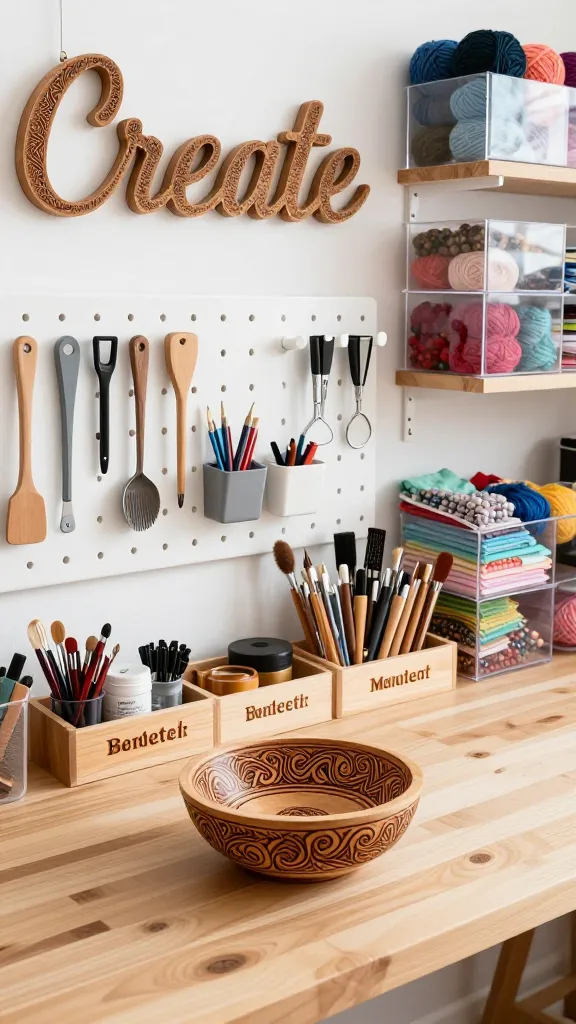 A bright, meticulously organized craft room workspace, exuding an inspiring and functional aesthetic. A large, light-toned wooden work surface dominates the foreground, immaculately arranged with high-quality crafting materials. Prominently displayed on the desk is a beautifully handcrafted wooden yarn bowl adorned with intricate, dark brown pyrography patterns that swirl elegantly. Beside it, a custom-made wooden tool caddy holds an array of art supplies, each compartment clearly labeled with elegant, wood-burned text created using pyrography. Above the work surface, a rustic wooden "Create" sign hangs, the word "Create" boldly rendered in detailed wood burning. A clean white pegboard is mounted on the wall behind the desk, holding various tools and small containers in perfect order. Adjacent shelves feature clear acrylic storage bins showcasing vibrant, neatly sorted craft supplies like colorful yarns, beads, and fabric swatches. Soft, natural light bathes the entire scene, highlighting the textures and the serene, productive atmosphere. High-quality, realistic photograph, no text on image.