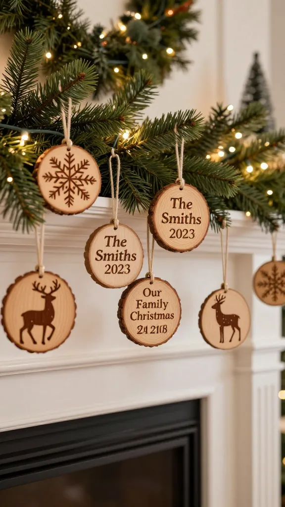 A high-resolution, close-up photograph capturing a beautifully styled fireplace mantel adorned for Christmas. The central focus is a collection of unique, handmade wooden Christmas ornaments, each exquisitely detailed with intricate pyrography (wood-burning) designs. These ornaments, made from natural wood slices with a warm, smooth finish, feature elegant snowflakes, graceful reindeer silhouettes, and personalized text like 'The Smiths 2023' or 'Our Family Christmas'. They are artfully hung and nestled within a lush evergreen garland draped across the mantel, softly illuminated by warm, twinkling LED string lights. The background is a gently blurred, cozy living room scene, hinting at a festive atmosphere. The image emphasizes the handcrafted warmth, heirloom quality, and traditional charm of the holiday decor, captured with a shallow depth of field and soft, inviting light.
