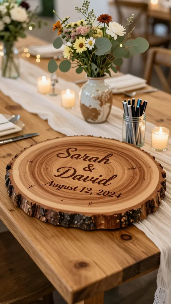 A high-quality, realistic photograph capturing a unique wedding guestbook alternative at a rustic-chic reception. The centerpiece is a large, natural live-edge wood slice, approximately 24 inches in diameter, prominently displayed on a light-colored reclaimed wood table. The wood slice features exquisite, dark brown pyrography (wood-burning) of the couple's names, e.g., 'Sarah & David', and their wedding date, e.g., 'August 12, 2024', etched elegantly into the wood grain, with ample blank space for guest signatures. Beside the wood slice, a small, clear glass jar holds an assortment of metallic fine-tip permanent markers. The table is softly adorned with a delicate white linen runner, a small bouquet of wildflowers and eucalyptus in a distressed ceramic vase, and a few warm, flickering LED votive candles. The background is softly blurred, showing hints of a warm, festive reception ambiance with subtle string lights. Soft, natural lighting enhances the rich texture of the wood and the intricate burned details, creating a warm, inviting, and personalized keepsake display.