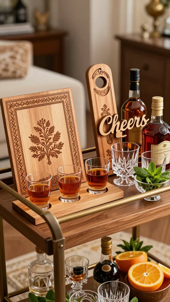 A high-quality, realistic photograph of a stylish bar cart setup in a warm, inviting home interior. The elegant wooden bar cart is meticulously arranged, featuring several key DIY wood burning projects. Prominently displayed is a custom wooden flight board, intricately detailed with sophisticated pyrography patterns (e.g., stylized botanicals or subtle geometric designs), holding four small tasting glasses filled with amber spirits. Adjacent to it, a personalized wooden bottle opener mount, adorned with refined wood-burned initials and a classic design, is securely attached to the cart or a nearby wall. A small, chic wooden "Cheers" sign, with elegant wood-burned lettering, stands among the bottles. The cart is further stocked with an array of gleaming crystal glassware, premium spirit bottles, and fresh garnishes like vibrant citrus slices and fragrant mint sprigs in small, stylish bowls. The lighting is soft and warm, highlighting the textures of the wood, glass, and fresh ingredients. The background is a subtly blurred, sophisticated living room or dining area, suggesting an atmosphere perfect for home entertaining. No text on images.