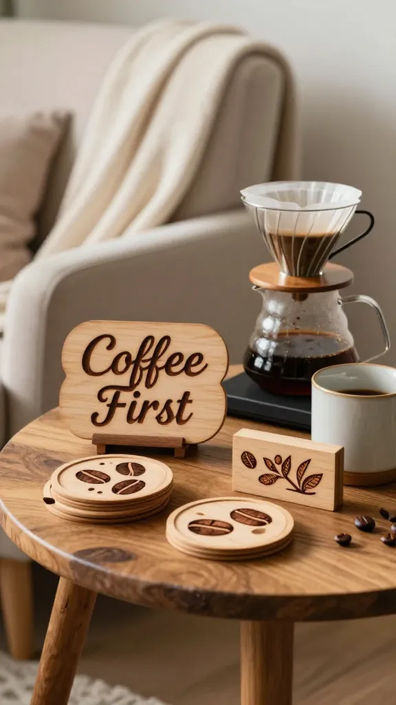 A beautifully styled, high-quality, realistic photo of a cozy coffee nook bathed in soft, warm morning light. The shot focuses on a rustic wooden side table, prominently displaying DIY wood-burned items: a set of intricate coffee bean-themed coasters, a charming "Coffee First" sign with elegant pyrography, and a custom sugar caddy adorned with subtle wood-burned coffee motifs. Adjacent to these, a sleek pour-over coffee maker and a ceramic mug are ready for use. In the background, a plush, inviting armchair with a soft throw blanket suggests comfort and relaxation. The scene evokes a personalized morning ritual, with an emphasis on the handcrafted, wood-burned details. No text on image.