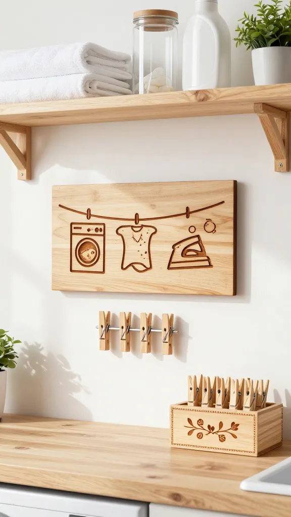 A high-resolution, professional studio photograph of a bright, clean, and functional laundry room. The focal point is a wall section featuring open shelving above a light-toned wooden counter. Prominently displayed on the wall is a rustic yet refined decorative **wood-burned plaque** with stylized, script-like patterns and subtle laundry-themed motifs (e.g., a delicate clothesline or soap bubbles design), clearly showcasing pyrography details. Below it, a charming **wood-burned clothespin holder**, a small wooden box adorned with a delicate pyrography pattern (like a simple vine or geometric border), is neatly filled with wooden clothespins. Above, a small, light natural wood **shelf** is mounted, with subtle, precisely **wood-burned laundry symbols** (e.g., a washing machine icon, a dryer icon, an iron icon) etched directly into its surface. The walls are crisp white, providing a clean backdrop. The open shelving holds neatly folded white towels, clear glass jars with laundry essentials, and a small potted plant. Soft natural light streams in, creating a warm and inviting atmosphere, making the space feel organized, calm, and subtly personalized.