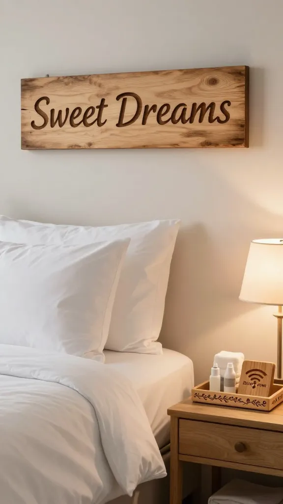 A high-quality, realistic photo of a serene and inviting guest room. Above a neatly made bed with plush white linens and soft pillows, a rustic wooden sign is prominently displayed, featuring the phrase "Sweet Dreams" intricately pyro-etched (wood-burned) in elegant script. On a light-toned wooden bedside table, a small amenities tray with delicate wood-burned botanical patterns along its edges holds miniature toiletries and a folded guest towel. Beside it, a personalized wooden plaque with a clear Wi-Fi symbol and placeholder password text is meticulously wood-burned onto its surface. Soft, warm ambient lighting from a stylish bedside lamp illuminates the scene, creating a cozy atmosphere. The room features a calming color palette of soft neutrals and natural wood tones, with a focus on comfort and thoughtful details. No text on images.