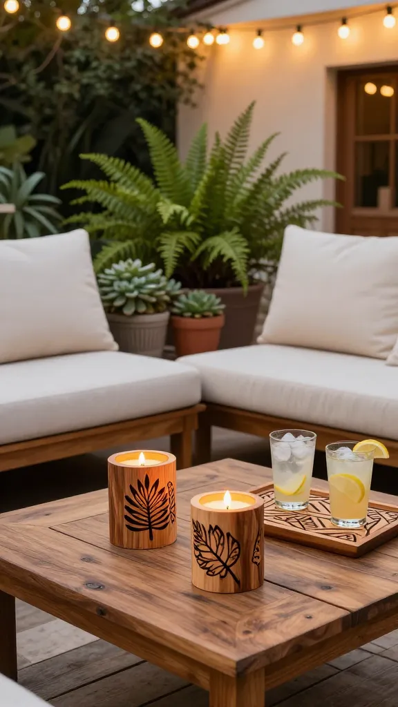 A high-quality, realistic photo capturing a serene and inviting patio oasis at golden hour. Comfortable, low-slung outdoor lounge furniture with plush cream cushions is arranged around a rustic wooden coffee table. Overhead, warm string lights softly illuminate the scene. Lush potted plants, including ferns and succulents, are strategically placed, adding natural vibrancy. Prominently displayed on the coffee table are two custom DIY wood-burned citronella candle holders, crafted from natural wood blocks, showcasing intricate pyrography designs of stylized leaves and organic patterns. Their lit candles cast a gentle, flickering glow. Beside them, a decorative DIY wood-burned serving tray, featuring a unique geometric pattern, holds two refreshing drinks in clear glasses with ice and lemon slices. The overall atmosphere is tranquil and luxurious, perfect for unwinding al fresco, with no visible text.