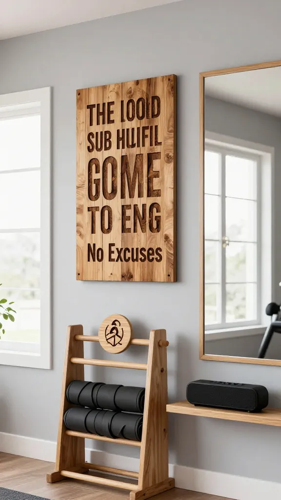 A high-quality, realistic photograph capturing a motivating home gym zone. The focal point is a prominent, rustic wooden plaque on a light gray wall, featuring a powerful, intricately wood-burned motivational quote in a bold, athletic font. Adjacent to it, a smaller, equally detailed wood-burned sign reads "No Excuses." Below these, a minimalist wooden equipment rack holds neatly rolled resistance bands, with a small, circular wood-burned accent plaque displaying a stylized fitness logo integrated onto the rack. A large, frameless mirror reflects ample natural light streaming into the clean, organized space, while a sleek, modern Bluetooth speaker is subtly placed on a nearby shelf. The overall atmosphere is inspiring and dedicated.
