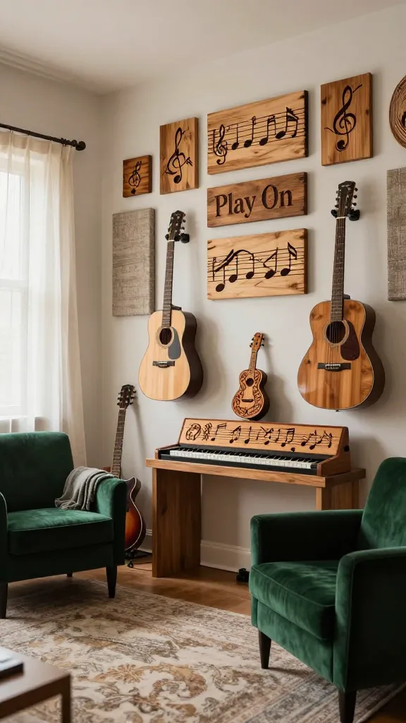 A high-resolution, professional photograph of a warm and inviting music room, bathed in soft, natural light filtering through sheer linen curtains. The focal point is a tastefully arranged wall featuring multiple rustic yet elegant wood panels of varying sizes, each showcasing intricate, hand-burned pyrography of flowing music notes, clefs, and staves, creating a sophisticated wall art display. Below this, prominently displayed on a solid wood shelf, sits a custom guitar pick holder, clearly crafted with detailed wood-burned musical motifs and a personalized touch. Above a doorway or on an adjacent wall, a "Play On" sign with distinct, artfully wood-burned lettering and a subtle musical embellishment adds to the room's theme. Several acoustic and electric guitars are proudly displayed on sleek wall hangers, while a vintage-style keyboard sits on a sturdy wooden desk. A plush, comfortable armchair in a rich jewel tone (e.g., deep emerald green) with a soft throw blanket invites relaxation, positioned on a large, textured area rug that also aids in acoustics. Subtle, fabric-covered acoustic panels are integrated into the wall design, blending seamlessly. The overall aesthetic is one of a dedicated, inspiring space where passion for music and handcrafted art converge.