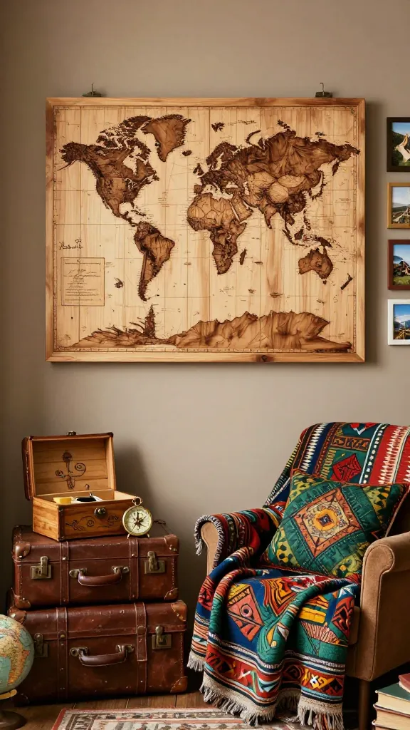 A captivating medium shot of a cozy, adventurous travel-themed room nook, bathed in warm, soft natural light. The centerpiece is a large, intricately wood-burned world map art piece on a light-toned wooden panel, prominently displayed on an earthy-toned wall. Below it, a stack of vintage leather luggage acts as a rustic side table, adorned with a personalized wooden souvenir box and a classic brass compass. Adjacent to this, a comfortable armchair is draped with a vibrant global textile throw blanket featuring an intricate ethnic pattern, complemented by throw pillows with similar designs. A small gallery of framed travel photos showcasing diverse landscapes and cultures is arranged on an adjacent wall. The room incorporates other subtle travel mementos like old books and a miniature globe, all within a rich palette of warm browns, deep greens, muted blues, and sandy beige. Realistic, high-quality photograph, no text.