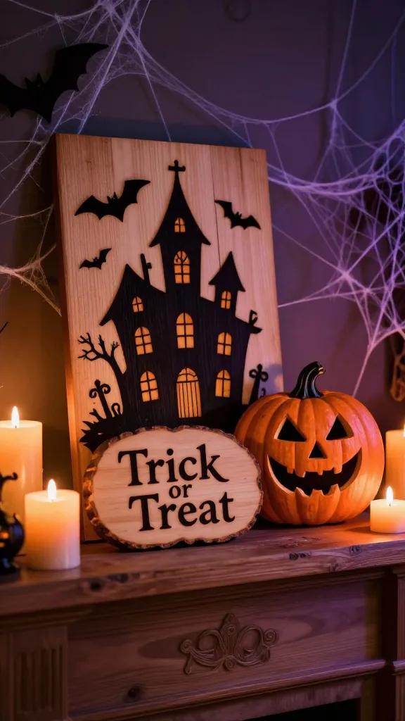 A high-quality, realistic photo of a curated Halloween decor display on a rustic wooden mantelpiece in a dimly lit room. The central focus is on several handmade DIY wood-burned items: a rectangular wood panel showcasing an intricate pyrography silhouette of a haunted house with bats, a smaller wood slice sign with elegant wood-burned 'Trick or Treat' lettering, and another wood panel featuring a spooky, grinning pumpkin face meticulously wood-burned. These pieces are artfully arranged amidst delicate, wispy cobwebs and several flickering LED pillar candles of varying heights, casting soft, dancing shadows. The ambient lighting is dim with an eerie, subtle orange and purple glow in the background, creating a frightfully fun and charmingly spooky atmosphere. Sharp focus on the wood-burned details, shallow depth of field. No text.