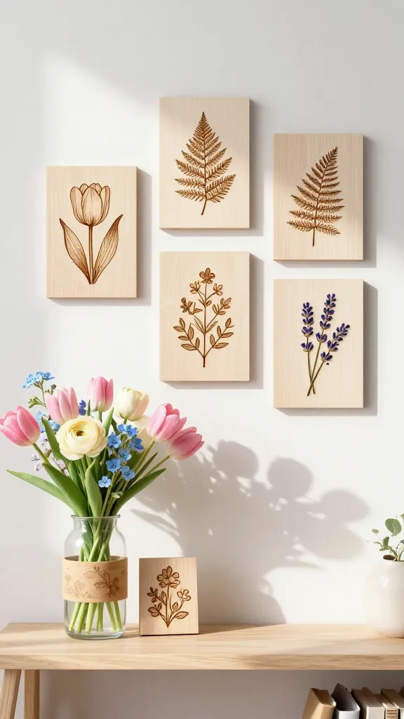 A realistic, high-quality photograph of a bright and airy spring-themed home decor vignette. The central feature is a gallery wall composed of three to five small, light-toned wooden plaques, each exquisitely detailed with delicate, fine-line wood-burned botanical illustrations of various spring elements such as a blooming tulip, a single fern leaf, and a sprig of lavender. Below the gallery wall, on a minimalist light wood shelf or console table, a clear glass vase is adorned with a custom wood-burned wooden sleeve featuring a subtle, continuous floral pattern, holding a fresh, vibrant bouquet of pastel flowers including soft pink tulips, cream ranunculus, and light blue forget-me-nots. Beside the vase, a small, elegant wooden block or plaque showcases a beautifully wood-burned stylized floral design that subtly suggests the word "Bloom" without explicit text. Natural sunlight streams into the room, casting a gentle glow and emphasizing the intricate details of the wood-burned art and the freshness of the blooms. The overall aesthetic is clean, fresh, and inviting, with a palette of soft pastels and natural wood tones. The background is softly blurred, focusing entirely on the decorated area. No text on images.