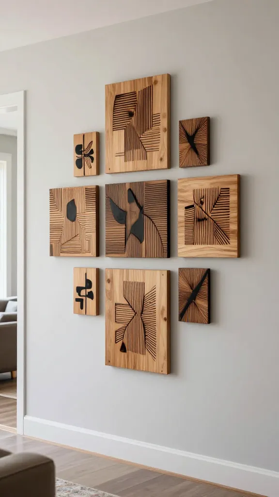 A high-quality, realistic photograph of a chic, modern living room or hallway. The focal point is a dynamic gallery wall featuring a curated collection of small to medium-sized wood panels. Each panel displays unique, hand-burned abstract pyrography designs, showcasing intricate lines, geometric shapes, and organic textures in varying shades of brown and black against the natural wood grain. The panels are artfully arranged in a non-symmetrical cluster on a clean, neutral-toned wall (e.g., light gray or off-white), allowing the distinct pyrography art to pop. Bright, soft natural light illuminates the space, highlighting the tactile quality and craftsmanship of the wood-burned art. The overall aesthetic is contemporary, sophisticated, and embraces a touch of unexpected, DIY artistry. No text.
