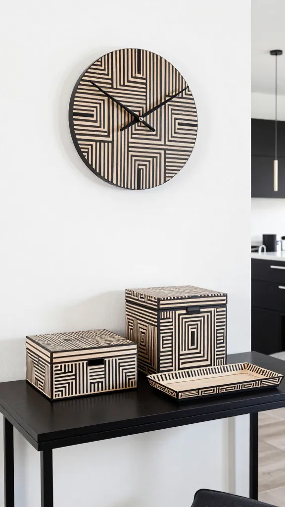 A realistic, high-quality, eye-level photograph capturing a sophisticated monochromatic vignette in a modern home. The focal point is a collection of DIY wood-burned pieces: two decorative storage boxes and a sleek rectangular tray, all adorned with crisp black and white geometric patterns created through pyrography. These items are artfully arranged on a minimalist black console table. Above the table, a clean-lined wall clock, featuring a subtle wood-burned black and white geometric design, is mounted on a pristine white wall. The setting includes black furniture elements in the background, complemented by slender metallic accents, and bathed in soft, natural light to highlight textures and patterns. The overall aesthetic is one of understated elegance, clean lines, and modern refinement. No text on images.