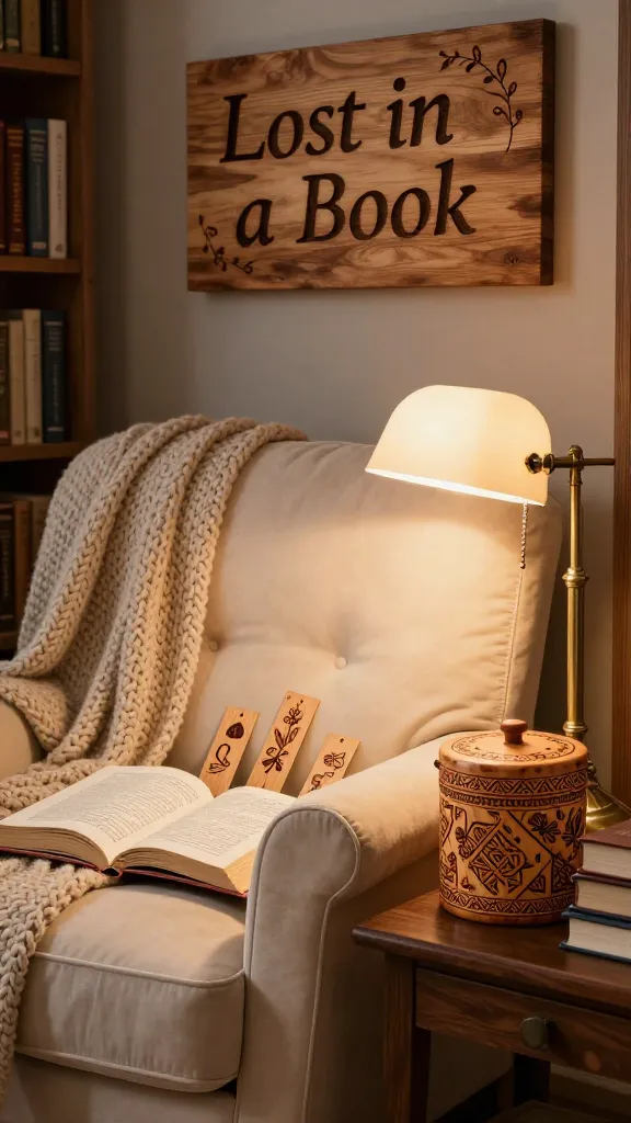 A meticulously styled, inviting cozy library reading nook, illuminated by the warm, focused glow of a vintage-style brass reading lamp. A plush, oversized cream armchair, draped with a soft, chunky knit beige throw, invites quiet contemplation. An open hardcover book rests on the armchair, with several personalized wood-burned bookmarks, each featuring unique literary motifs and initials, peeking from its pages. On a small, dark wood side table, a handcrafted wood-burned tea caddy, adorned with intricate geometric patterns and delicate floral pyrography, stands beside a stack of classic novels. Above the armchair, a prominent rustic wooden wall plaque displays elegant wood-burned lettering that reads 'Lost in a Book,' surrounded by subtle vine details. The scene is rich with textures and warm tones, emphasizing the handcrafted wood-burned elements as focal points. Realistic, high-quality photograph, medium shot, shallow depth of field, no text on images.