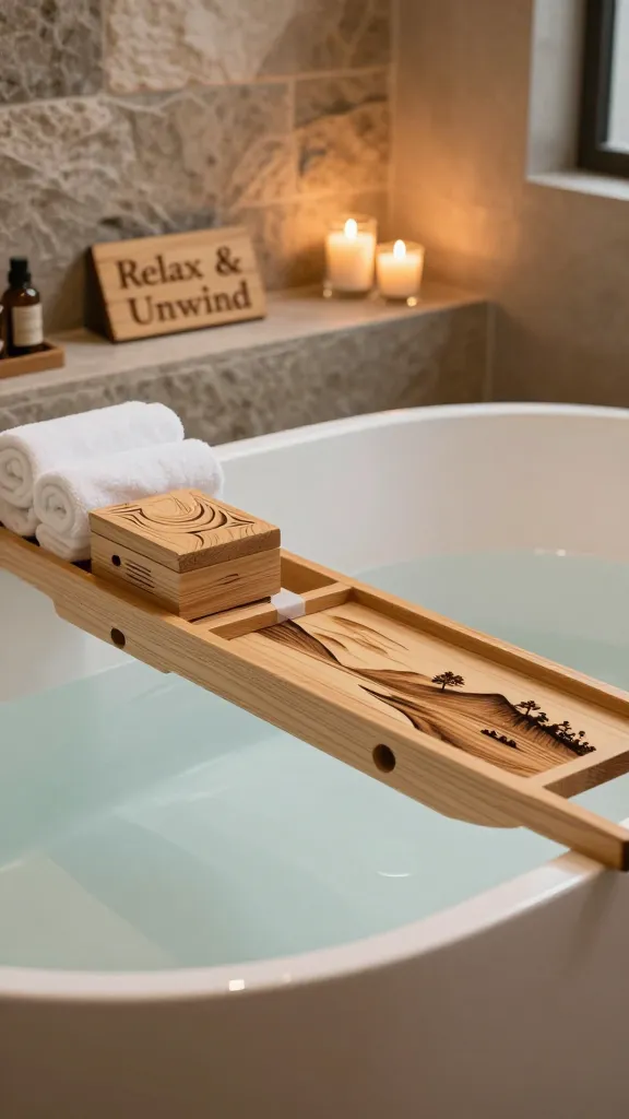 A high-quality, realistic photograph capturing a luxurious spa bathroom scene. The focal point is a freestanding, deep white bathtub filled with warm, steaming water, surrounded by soft, diffused light. A light-toned wooden bath caddy spans the tub, prominently featuring an intricately wood-burned serene landscape design (e.g., rolling hills, a calm lake, or a minimalist forest) on its surface. On the caddy, several soft, folded white towels and a small, elegant wooden essential oil box are visible. The box has subtle, abstract wood-burned patterns on its lid, suggesting etched labels. Nearby, on a natural stone shelf or wall niche, a small, tasteful wooden sign with integrated wood-burned lettering for "Relax & Unwind" is subtly displayed. Several flickering scented candles in simple glass holders cast a warm, inviting glow. The background showcases natural stone wall textures and a muted color palette, enhancing the tranquil, high-end spa retreat ambiance. The overall image conveys ultimate relaxation and everyday luxury, with a slightly shallow depth of field to highlight the handcrafted wooden elements. No text overlays.