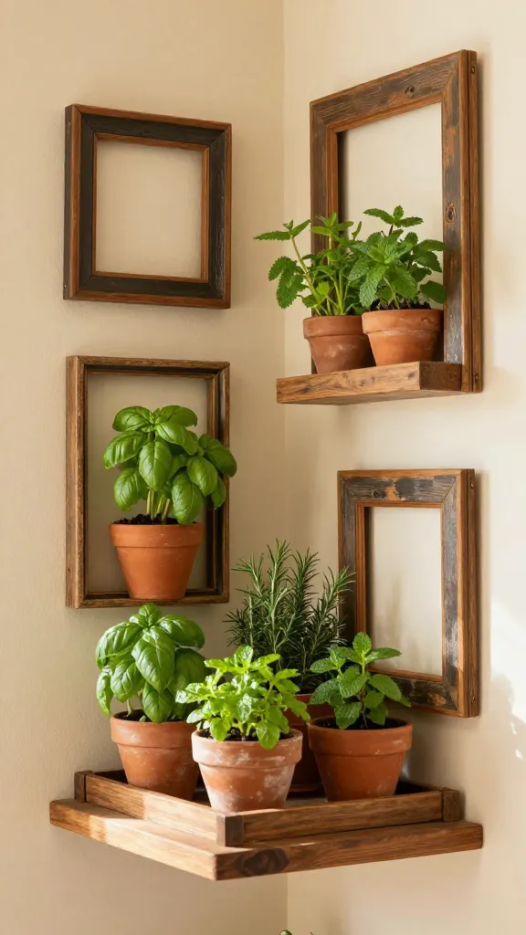 A sun-drenched, cozy rustic kitchen corner features a charming vertical herb garden. Several repurposed, distressed wooden picture frames of various sizes are artfully mounted at different heights on a warm cream-colored wall, some directly attached, others resting on a simple, distressed wooden wall-mounted shelf. Each frame beautifully encloses or supports small terracotta pots bursting with vibrant, fresh green herbs like basil, rosemary, and mint, creating a lush, aromatic display. The scene is bathed in soft, natural light, highlighting the earthy greens of the herbs, the warm cream tones of the wall, and the rich, distressed wood finishes of the frames and shelf. High-resolution, realistic photo, natural light, shallow depth of field, warm inviting atmosphere.