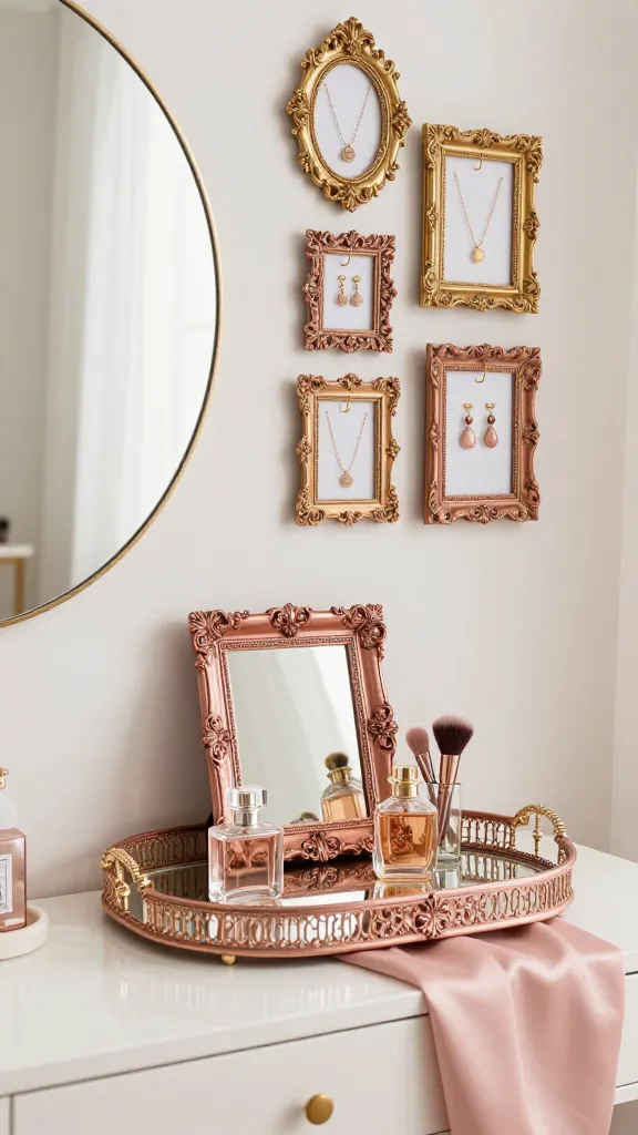 A luxurious and organized glamorous vanity station. The centerpiece is a large, ornate antique picture frame, repurposed as a chic vanity tray, painted in shimmering rose gold. Inside the frame, a polished mirrored base beautifully reflects a few elegant perfume bottles and delicate makeup brushes. This tray rests on a crisp white vanity table, subtly accented with a blush pink silk runner. Above the table, a large round mirror reflects the scene. On the wall beside the mirror, a curated cluster of smaller, intricately carved picture frames, painted in various metallic golds and rose golds, are artfully arranged. Each small frame features discreet gold hooks, elegantly displaying delicate gold necklaces and earrings, creating a dazzling jewelry display. The entire scene is bathed in soft, diffused natural light, highlighting the blush pinks, shimmering golds, and crisp whites, conveying an atmosphere of elegance and sophistication. High-quality, realistic home decor photography, no text.