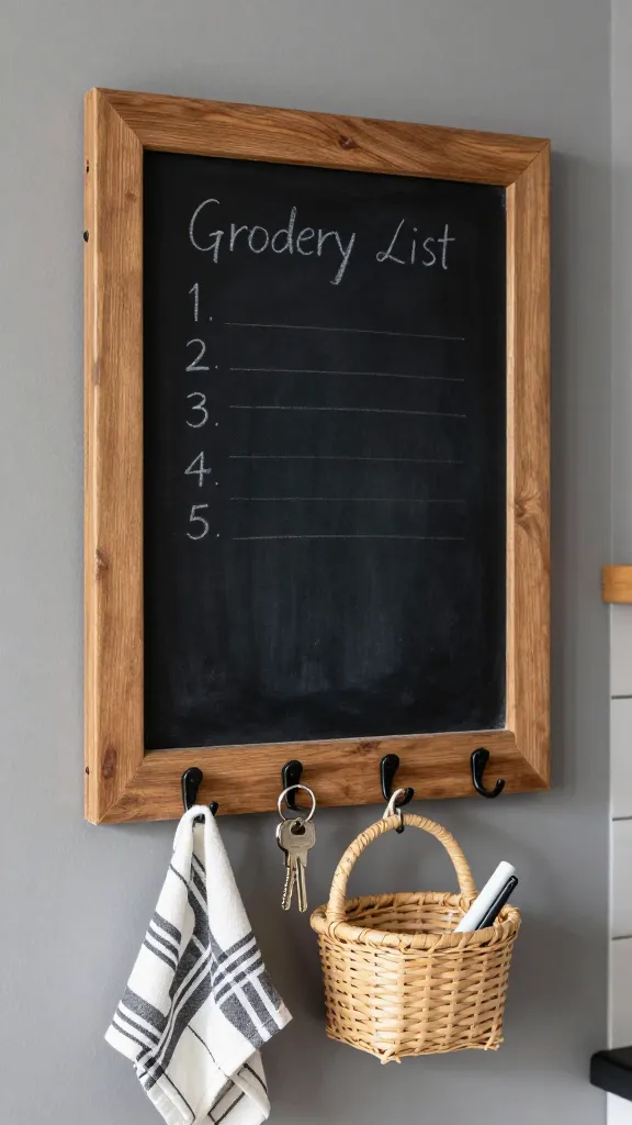 High-quality, realistic photograph of a charming farmhouse command center mounted on a warm grey kitchen wall. The centerpiece is a large, sturdy vintage wooden picture frame, with a natural wood finish, repurposed as an organizational hub. The inside of the frame is painted with a matte black chalkboard, featuring a simple, neatly chalked grocery list (unreadable text). Small, black metal hooks are attached to the bottom edge of the frame, holding a rustic key ring with a couple of keys and a folded black and white striped tea towel. A small, woven natural fiber basket hangs just below the frame, containing a few white chalk sticks and a pen. The overall aesthetic emphasizes clean lines, functional beauty, and the classic farmhouse color palette of natural wood, warm greys, black, and white. Bright, natural light illuminates the scene, creating a cozy and inviting atmosphere. Shot at eye-level with a shallow depth of field, focusing sharply on the command center.