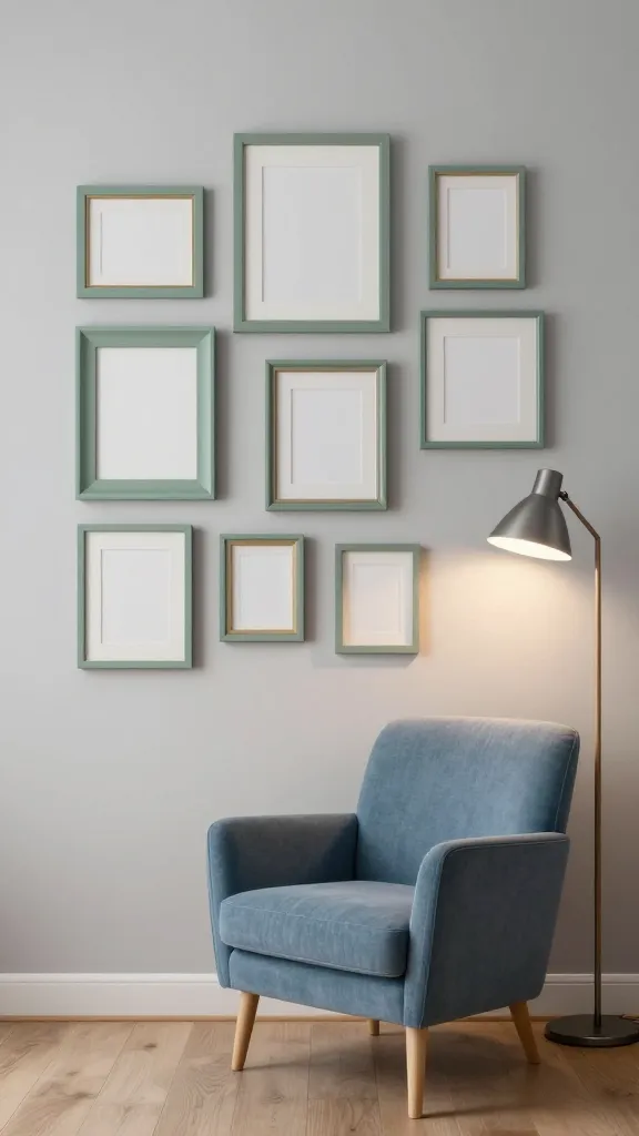 A high-quality, realistic photograph of a serene and minimalist cozy reading nook. The main subject is a curated display of various sized empty picture frames, repurposed and painted a unifying soft sage green, arranged in a staggered pattern on a light grey wall. A plush, inviting armchair in a muted blue fabric is positioned comfortably below the frame display. Beside the armchair, a modern floor lamp with a natural wood and brushed metal finish casts a warm, ambient light. The room features natural wood flooring and subtle textures, maintaining a cohesive palette of muted blues, soft greys, and natural wood tones. The overall atmosphere is calm, inviting, and uncluttered, embodying a minimalist aesthetic. No text on image.