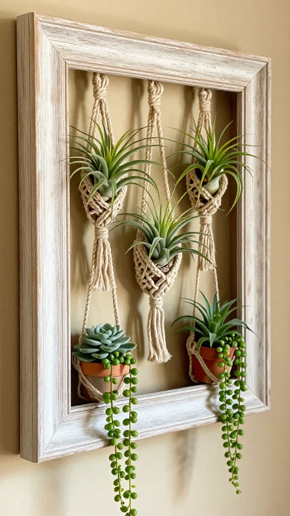 A close-up, high-angle, realistic photo of a boho chic wall planter. An ornate wooden picture frame, meticulously sanded and whitewashed to reveal subtle grain, serves as the primary structure. Its backing has been removed, creating an open display area. Within this opening, delicate small macrame hangers, crafted from natural jute, cradle several vibrant air plants (Tillandsia) and small trailing succulents like String of Pearls, some gently cascading over the frame's lower edge. The color palette features the warm sandy tones of the whitewashed wood, natural greens of the plants, and subtle hints of terracotta from tiny decorative pots or accents. Soft, natural light illuminates the organic textures of the wood, macrame, and plants, casting gentle shadows. The background is a subtly blurred, warm-toned wall, ensuring the focus remains entirely on the unique, repurposed planter. High-quality home decor photography, no text.