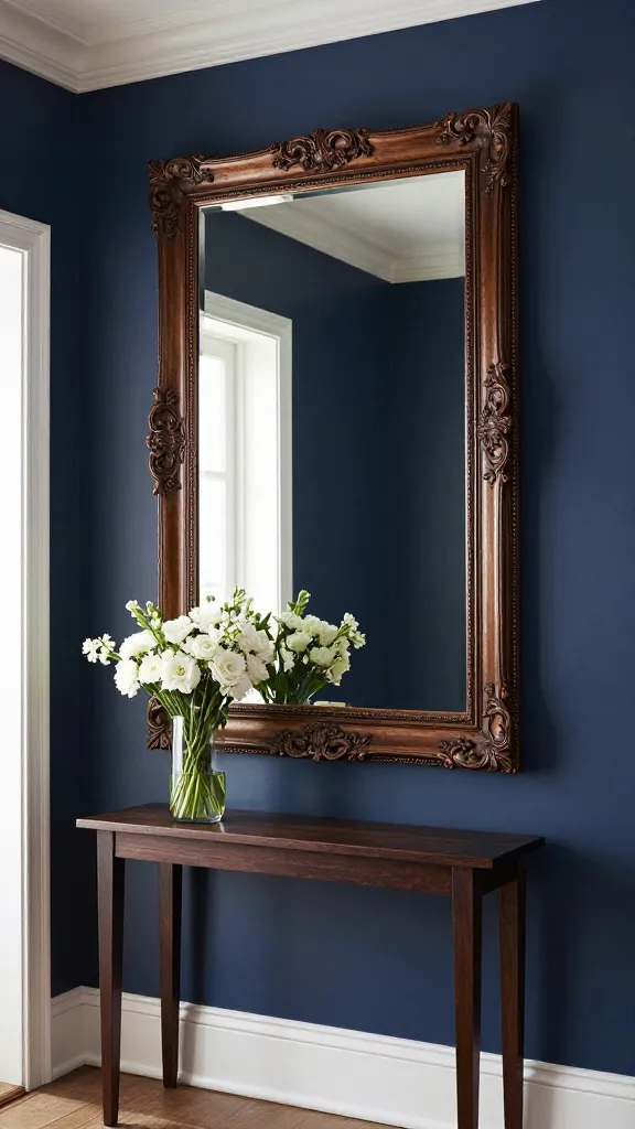 A professional, high-resolution interior design photograph of a sophisticated entryway. The focal point is a grand, oversized mirror, meticulously crafted from a large, ornate vintage picture frame painted in a rich espresso finish. The mirror is mounted on a deep navy accent wall, which provides a dramatic contrast. Beneath the mirror sits a slim, minimalist console table, also in a dark espresso wood, adorned with a clear glass vase holding a lush arrangement of fresh white flowers. White baseboards and door trim are visible, adding bright, crisp accents. The overall aesthetic is classic and elegant, with soft, inviting natural light illuminating the space.
