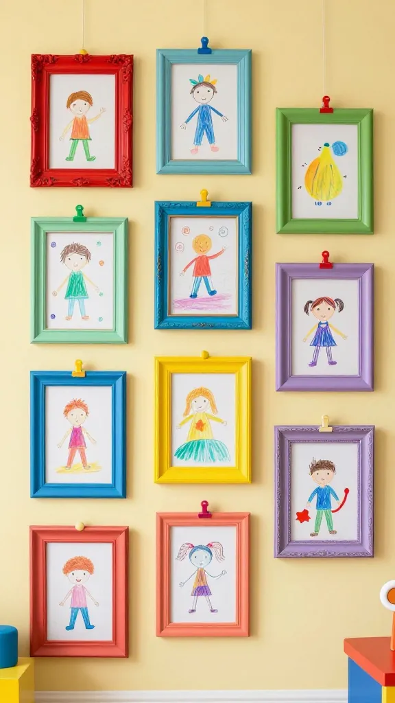 A high-quality, realistic photo showcasing a vibrant and inspiring kids' art gallery wall in a brightly lit playroom. A collection of repurposed old picture frames, varying significantly in size, shape, and original ornate styles, are freshly painted in a lively mix of bright primary colors (fire engine red, electric blue, sunny yellow) and cheerful pastels (mint green, coral, lavender). These frames are dynamically arranged on a wall painted a soft, cheerful pastel yellow. Inside or subtly in front of these colorful frames, an assortment of authentic children's drawings and paintings—ranging from crayon masterpieces to simple watercolors—are proudly displayed, attached with small, colorful bulldog clips or subtle, removable adhesive dots, allowing for easy rotation. The scene is bathed in bright, natural light, highlighting the textures of the painted frames and the artwork, with a soft-focus hint of colorful playroom elements in the background.