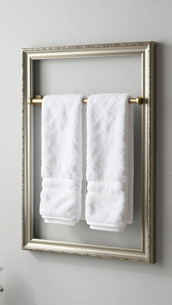A high-quality, professional interior design photograph showcasing a chic bathroom towel holder. A medium-sized, elegantly ornate picture frame, with its glass and backing removed, is mounted against a subtle light grey bathroom wall. A slender, polished brushed nickel rod is securely installed horizontally within the frame's opening, gracefully holding two soft, fluffy crisp white hand towels neatly folded and draped. The scene is brightly lit with natural light, creating a clean, spa-like, and refreshing aesthetic. No text.