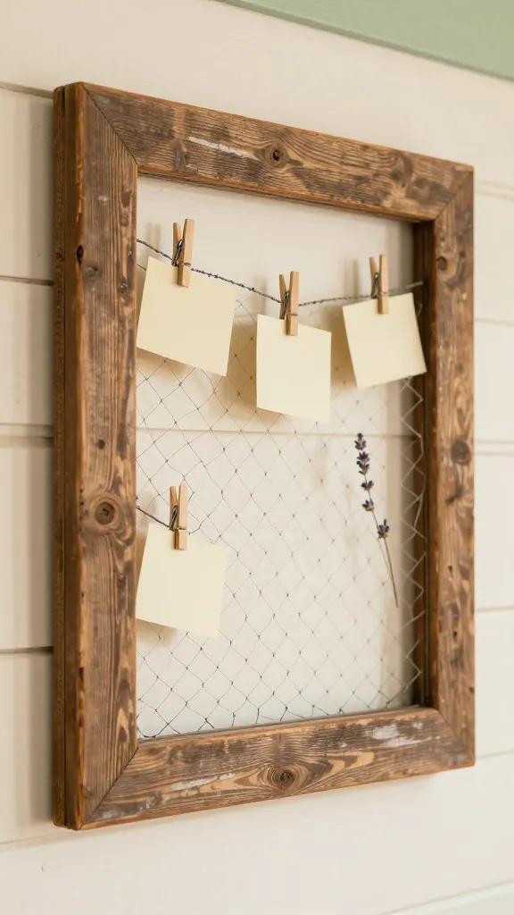 A high-quality, realistic photo, close-up, showcasing a repurposed rustic farmhouse message board. The centerpiece is a large, chunky, distressed wooden picture frame with a weathered, natural finish, revealing rich grain and character. Instead of glass, a taut piece of antique-style chicken wire is stretched across the frame's opening. Several tiny, natural wood mini clothespins are clipped onto the chicken wire, some holding small, simple, blank notecards or a delicate sprig of dried lavender, adding to the cozy, inviting feel. The board is mounted on a creamy white shiplap wall, with a subtle, soft sage green accent visible in the background, enhancing the timeless farmhouse aesthetic. Soft, warm natural light bathes the scene, highlighting textures and creating a welcoming ambiance. No text.