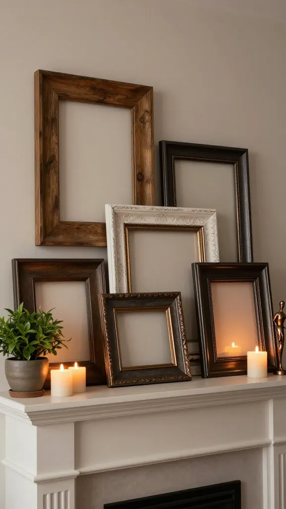 A high-quality, realistic photograph capturing a sophisticated and inviting fireplace mantel. The mantel is adorned with a curated, layered arrangement of multiple empty picture frames of various sizes, casually leaned against a warm neutral wall. The frames showcase a rich mix of textures, including distressed natural wood, sleek deep charcoal metal, and an intricately ornate plaster frame with subtle metallic bronze detailing. Interspersed among the frames are several warm, glowing pillar candles of different heights, a small vibrant green potted plant in a ceramic pot, and an elegant, small bronze sculptural piece, collectively adding depth and architectural interest. The overall color palette is dominated by warm neutrals, deep charcoals, and accents of metallic bronze, creating a cozy and refined atmosphere under soft, ambient lighting.