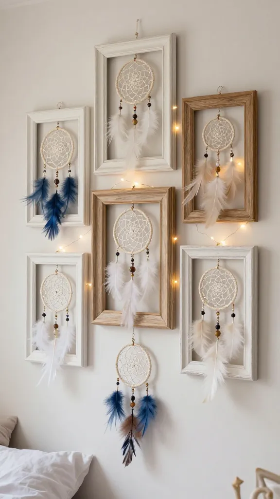 A high-quality, realistic photo capturing a bohemian dream catcher display on a serene bedroom wall. Several medium-sized, repurposed old picture frames, some painted creamy white and others showcasing natural light wood grain, are artfully arranged. The frames have their glass and backing removed, acting as unique open borders. Delicate, handmade dream catchers with intricate woven patterns, soft feathers, and subtle beads in a palette of soft indigos, creamy whites, and natural wood tones are suspended both within and around these open frames. Subtle, warm-toned fairy lights are gently intertwined with the frames and dream catchers, casting an ethereal glow and enhancing the mystical, peaceful ambiance. The background is a softly lit, calming wall color, hinting at a cozy sleep space. Professional photography, natural light with added glow from fairy lights, shallow depth of field focusing on the intricate display. No text.