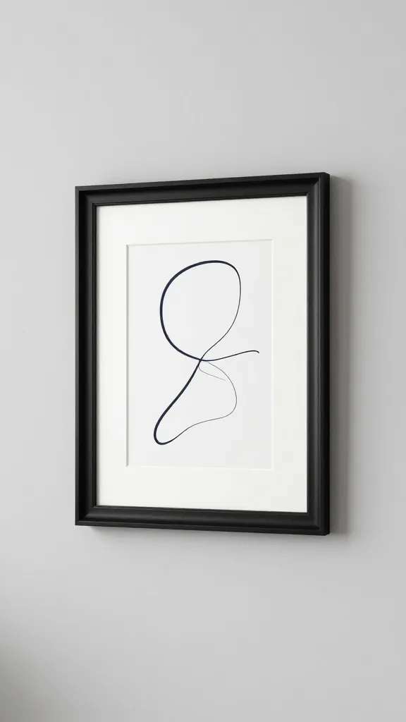 A realistic, high-quality, eye-level photograph of a large, sleek black picture frame, clearly repurposed and meticulously refurbished from an old frame, mounted centrally on a pristine, uncluttered light grey wall in a modern minimalist interior. Inside the frame is a striking minimalist abstract line drawing, predominantly in black and white, featuring a single, subtle accent of deep indigo. The surrounding wall is entirely bare, emphasizing the artwork. The room adheres to a sophisticated monochromatic palette of blacks, whites, and greys, bathed in soft, diffused natural light that highlights the clean lines and textures.