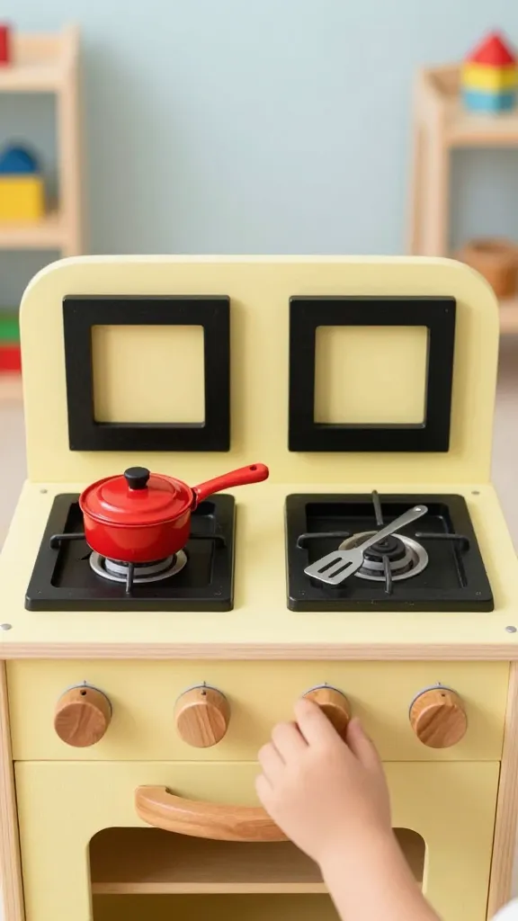 A whimsical DIY play kitchen stove crafted from repurposed old picture frames, set in a brightly lit child's playroom. Four small, square wooden picture frames, painted a matte black, are arranged in a 2x2 grid on a cheerful pastel yellow wooden panel, serving as the stove's "burners." Below them, four small, natural wooden knobs are neatly aligned as controls. A miniature red toy saucepan and a small silver toy spatula rest on two of the black frame burners. A child's small hand, slightly out of focus, is reaching towards one of the wooden knobs. The background is softly blurred, hinting at colorful wooden blocks and a light blue wall, bathed in soft, natural daylight. High-quality, detailed photography with a shallow depth of field.