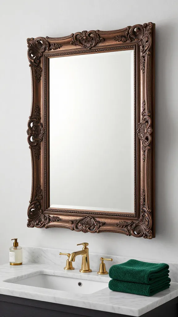 A high-resolution, realistic photograph showcasing an elegant bathroom vanity area. A large, intricately carved vintage-style picture frame, repurposed and given a luxurious dark bronze metallic finish, surrounds a simple, rectangular builder-grade wall mirror. The ornate frame fits perfectly, transforming the mirror into a sophisticated focal point. The bathroom features a white marble countertop with a sleek undermount sink, deep emerald green hand towels neatly folded, and subtle gold-toned fixtures. Soft, diffused natural light illuminates the scene, highlighting the intricate details of the frame and creating a stylish, sanctuary-like ambiance. The focus is sharp on the mirror and its upgraded frame.